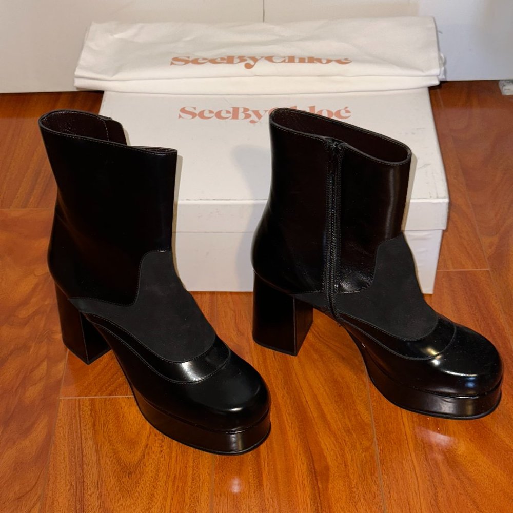 See By Chloe Glossy Black Platform Ankle Boots